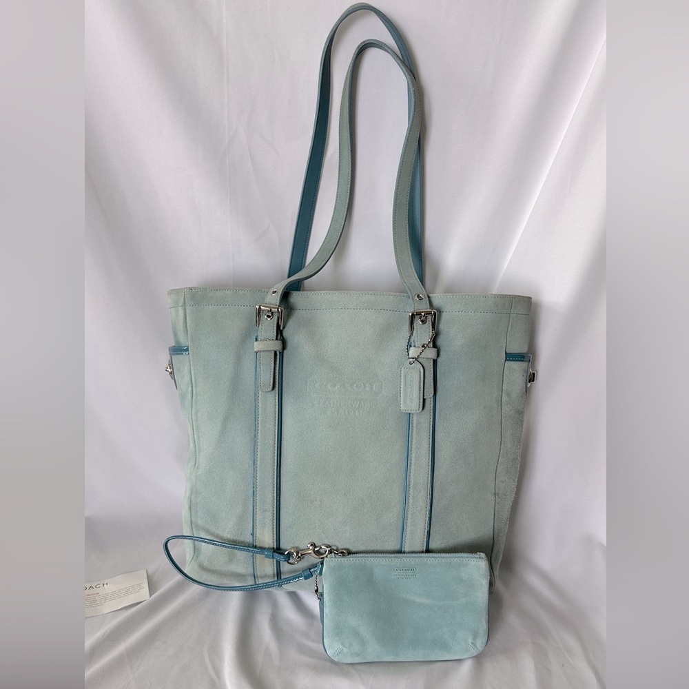 Coach Coach Blue Suede Patent Trim Gallery Book Tote Bag Purse & Wristlet